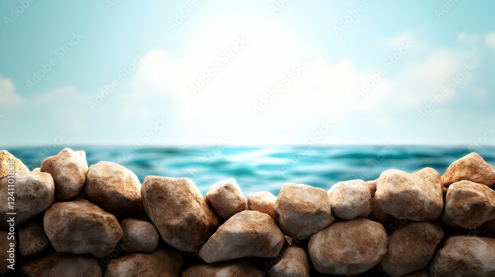 A serene coastal view featuring a stone barrier against the calm sea and a bright sky. A serene coastal view featuring a stone barrier against the calm sea and a bright sky.