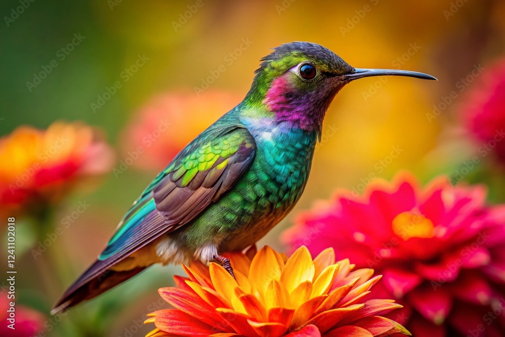 Obraz premium Hummingbird Feeding on Vibrant Flower - Rule of Thirds Composition