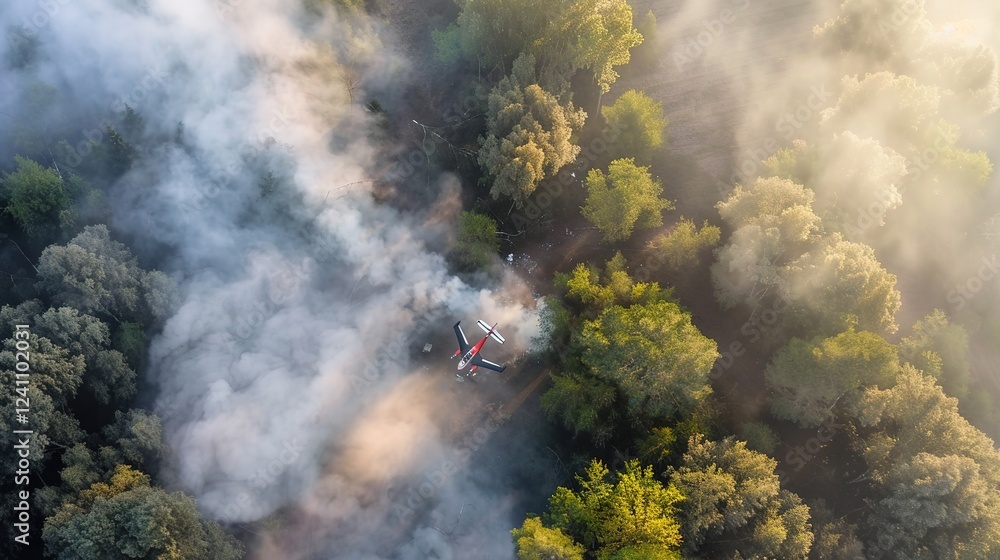 Fototapeta premium Aerial view of a crashed airplane in a dense forest surrounded by smoke and debris, with a small clearing visible in the distance. Scene of disaster, survival, and exploration in a