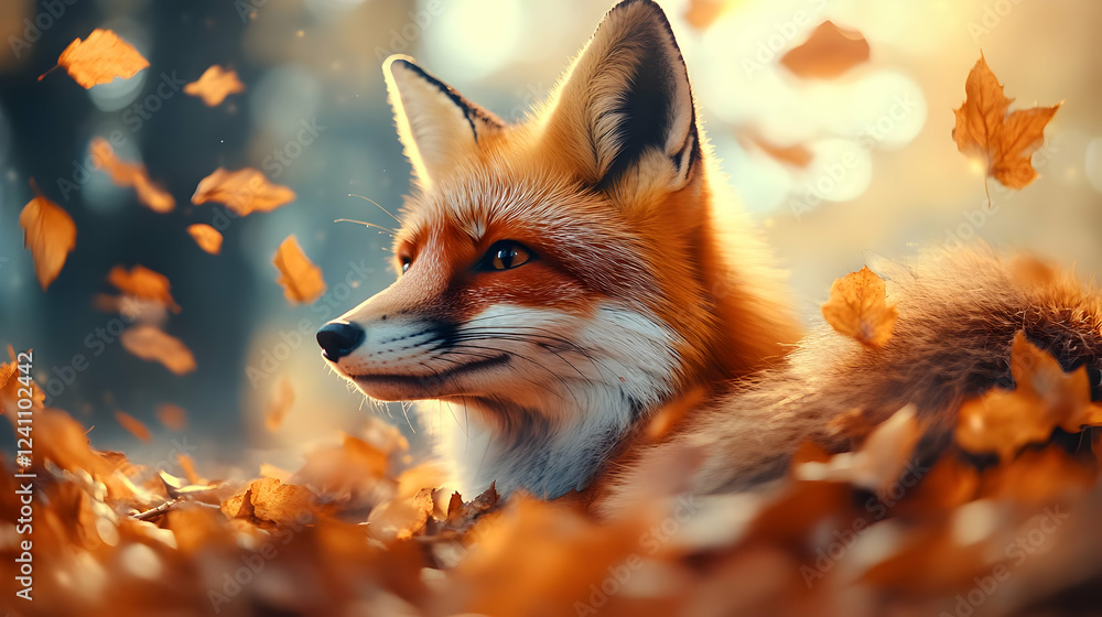 Fototapeta premium A serene fox amidst falling autumn leaves, showcasing the beauty of nature in a vibrant, colorful environment.