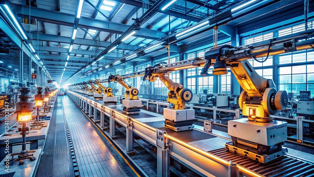 Obraz premium High-Tech Robotic Assembly Line: Precision Electronics Manufacturing