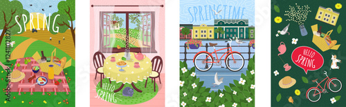 Vibrant springtime scenery artwork print set with blooming flowers, lush meadows and serene village. Bicycle rests on embankment in spring city. Picnic in field on green grass capturing nature renewal