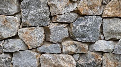Close up of a textured stone wall featuring a rugged granite pattern with varied shapes