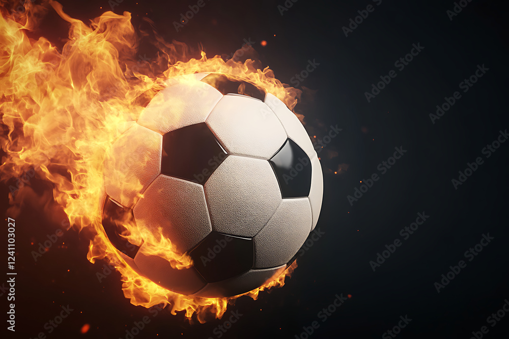 Naklejka premium fiery soccer ball, a burning soccer ball flying through the air against a black background, a burning soccer ball on a black background, a burning soccer ball, a burning soccer ball, 3d illustration