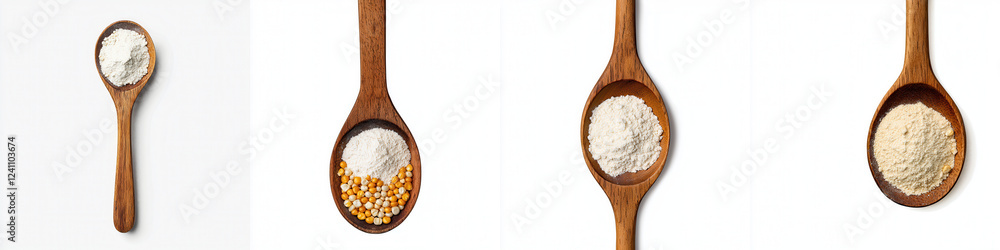 Variety of Flours Showcased in Wooden Scoop on White Background Variety of Flours Showcased in Wooden Scoop on White Background