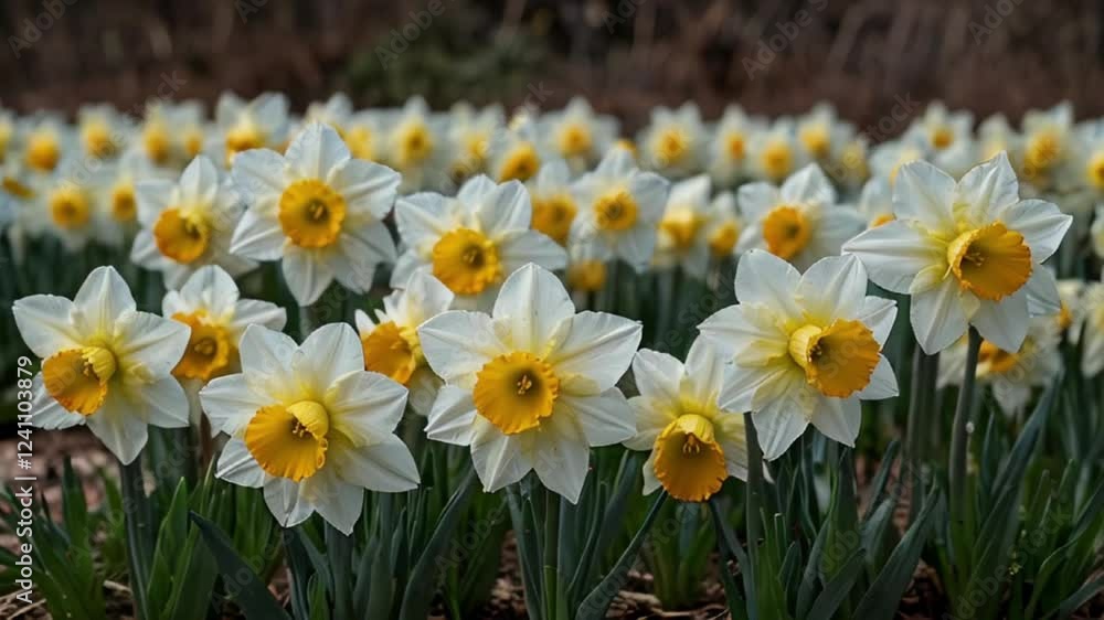 A field of white daffodils with yellow centers. A field of white daffodils with yellow centers.