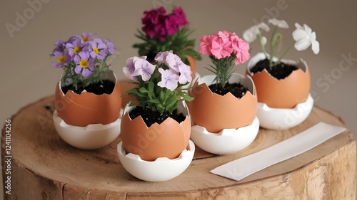 Close-up of Easter diy eggshell planters with vibrant flowers – eco-friendly spring decor or unique easter crafts.
