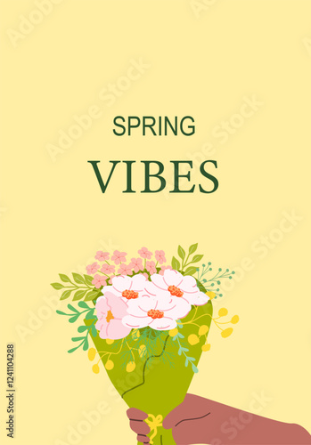 Spring vibes: hand holding bouquet of pink flowers on yellow background.