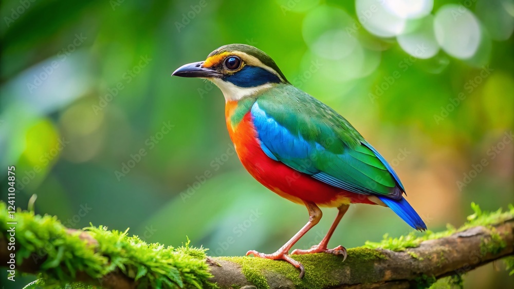 Obraz premium Indian Pitta Bird Perched on Branch, Vibrant Colors, Copy Space Left