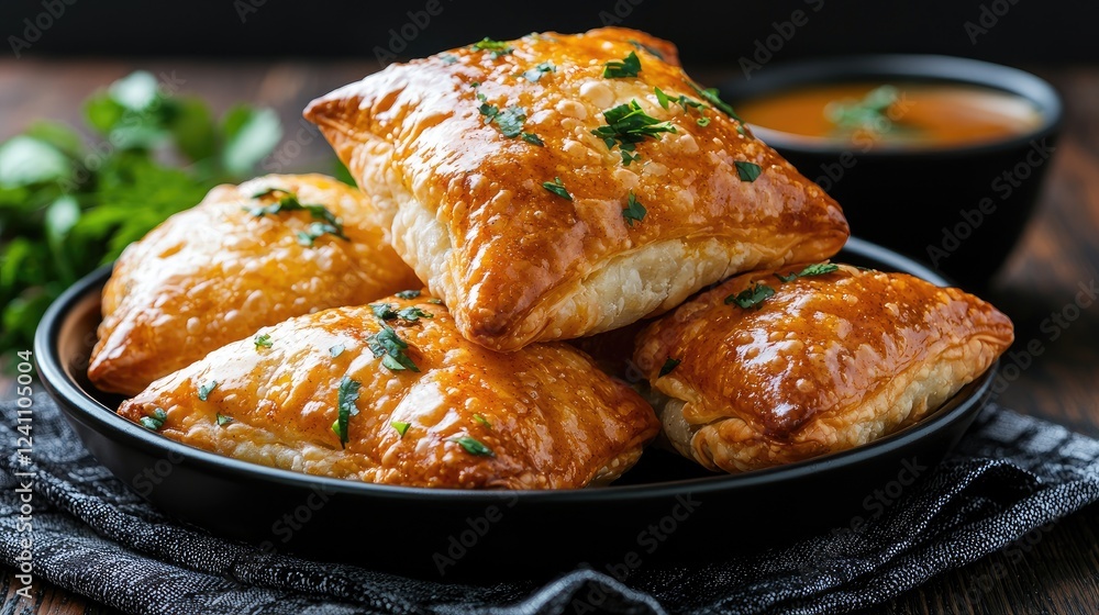 Golden puff pastries on dark plate, soup in background, rustic wood Golden puff pastries on dark plate, soup in background, rustic wood