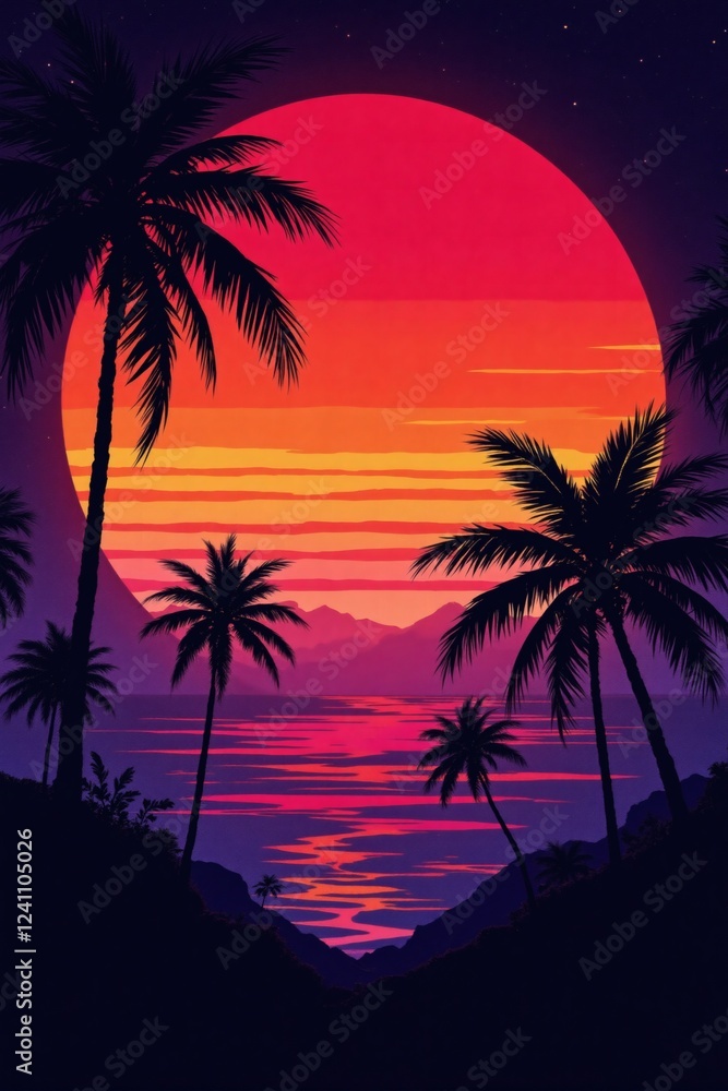 Fototapeta premium Vibrant Tropical Sunset Silhouette Palm Trees Ocean Landscape