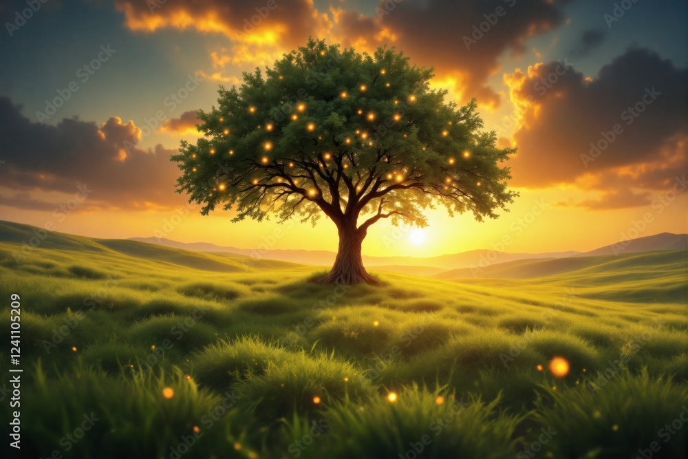 Obraz premium Magical Illuminated Tree in Serene Sunset Meadow Landscape