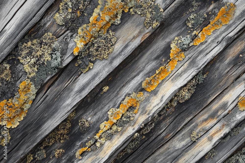 Obraz premium Grey weathered wooden planks with yellow and grey lichen growing on them.