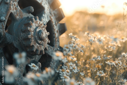 Rusty gear wheel juxtaposed against a field of wildflowers at sunset, evoking themes of time and nature. photo