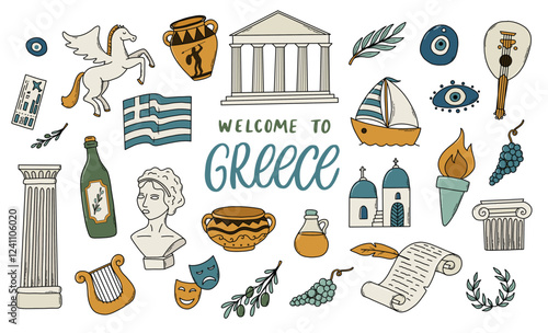Greece doodles, cartoon elements collection, clip art for stickers, greeting cards, social media decor, prints, banners, signs, etc. EPS 10