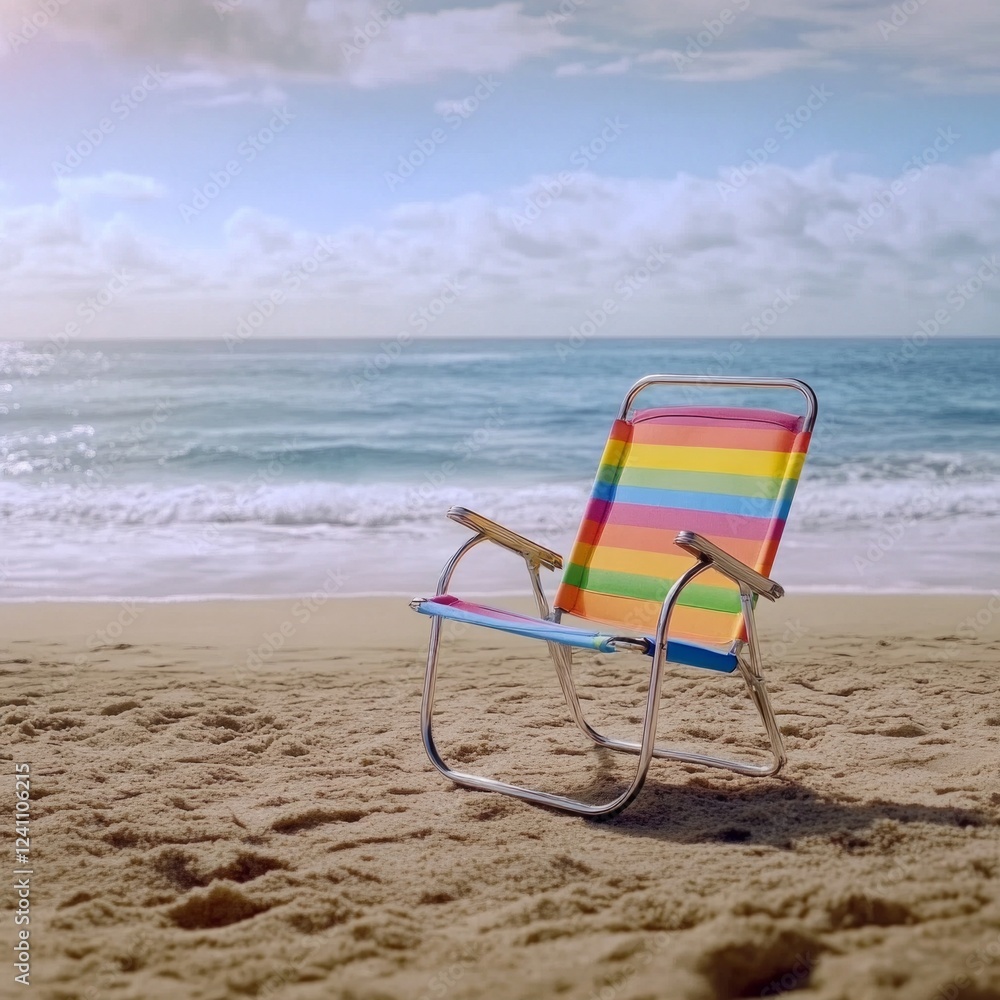 Vibrant striped beach chair on sandy shore with ocean waves and blue sky horizon Vibrant striped beach chair on sandy shore with ocean waves and blue sky horizon