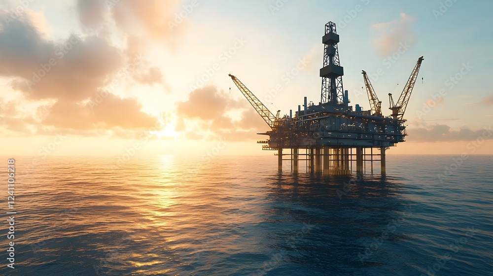 Aerial Perspective of a Massive Offshore Oil Drilling Platform Fully with Towering Cranes and Equipment Bathed in the Golden Glow of the Sunlight Reflecting off the Rippling Ocean Waves Below Aerial Perspective of a Massive Offshore Oil Drilling Platform Fully with Towering Cranes and Equipment Bathed in the Golden Glow of the Sunlight Reflecting off the Rippling Ocean Waves Below