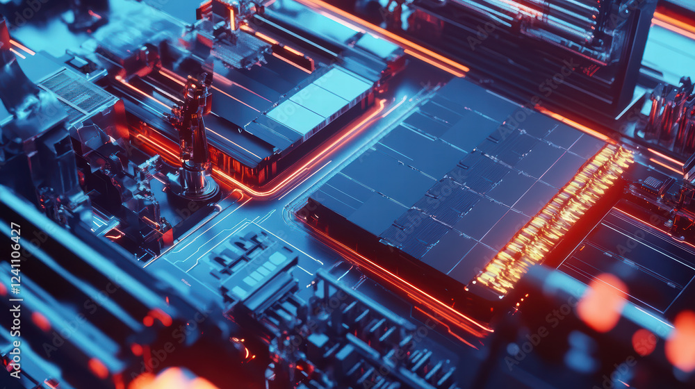 Obraz premium Aerial view of futuristic circuit board with glowing elements, showcasing intricate details and vibrant colors. design highlights technology and innovation in electronics