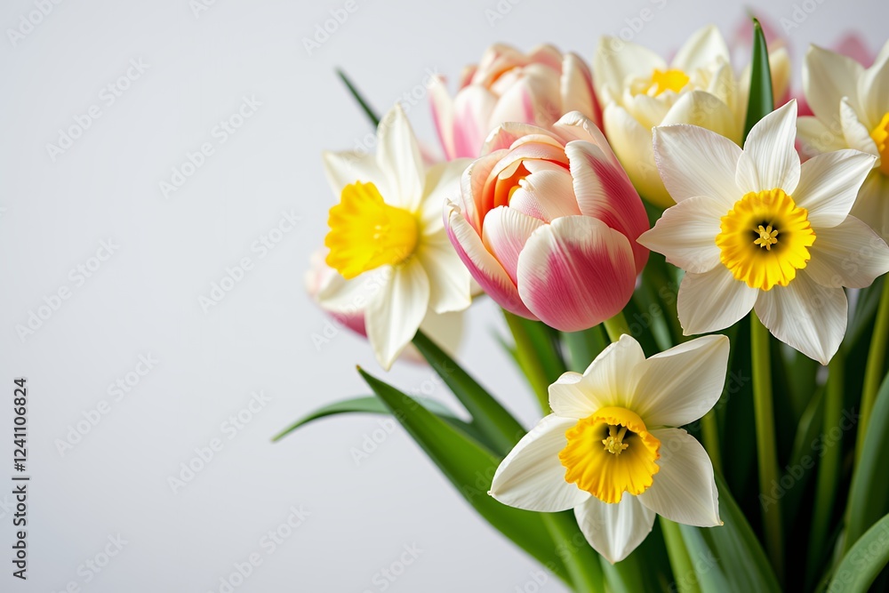 Spring Bouquet Delicate Daffodils and Pink Tulips Close Up Spring Bouquet Delicate Daffodils and Pink Tulips Close Up