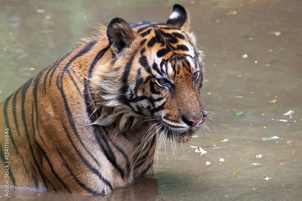 a Sumatran tiger is bathing in the lake a Sumatran tiger is bathing in the lake