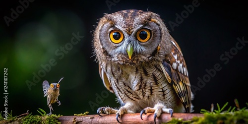 Javan Scops Owl Hunting Cricket - Otus lempiji Night Bird Predator Wildlife Photography photo