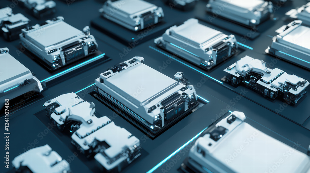 Aerial view of robotic assembly line with electric car batteries, showcasing advanced technology and precision in manufacturing. scene highlights intricate design and layout of components Aerial view of robotic assembly line with electric car batteries, showcasing advanced technology and precision in manufacturing. scene highlights intricate design and layout of components
