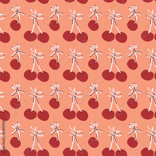 Seamless pattern of red cherries with stems on peach background.