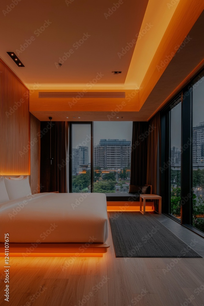 Fototapeta premium Modern Hotel Room With City View And Warm Lighting