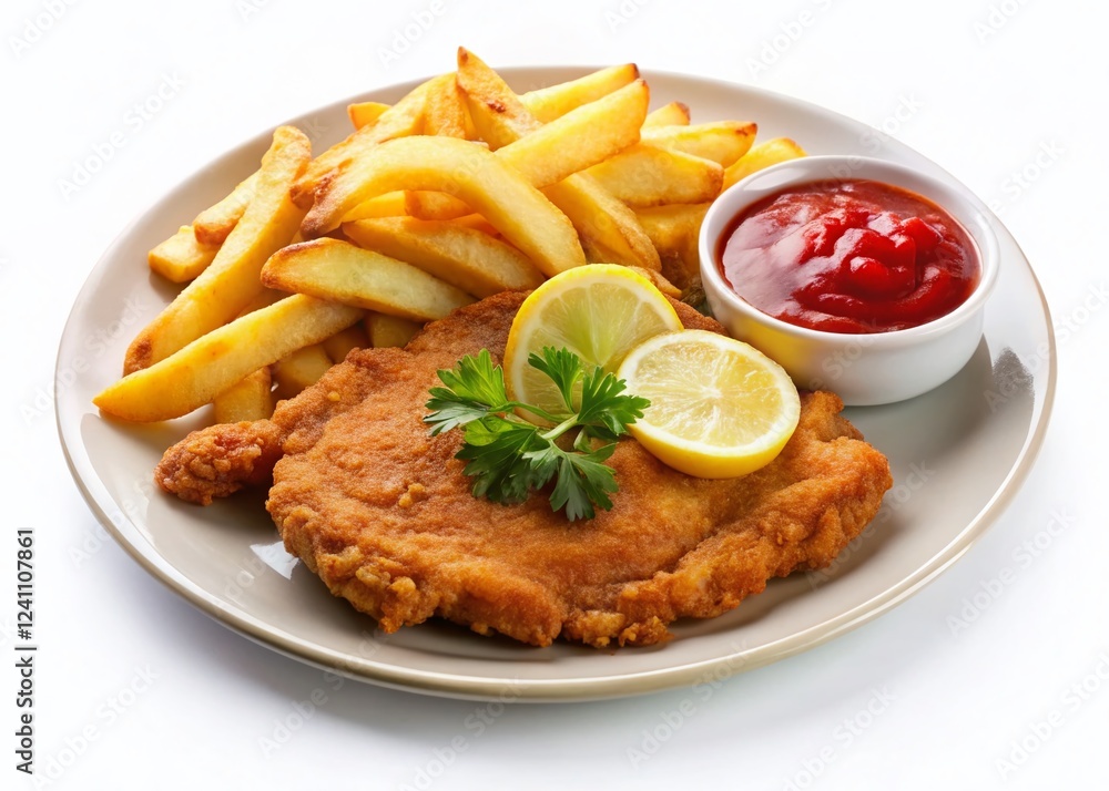 Juicy German Schnitzel with Crispy Fries, Lemon & Ketchup Juicy German Schnitzel with Crispy Fries, Lemon & Ketchup