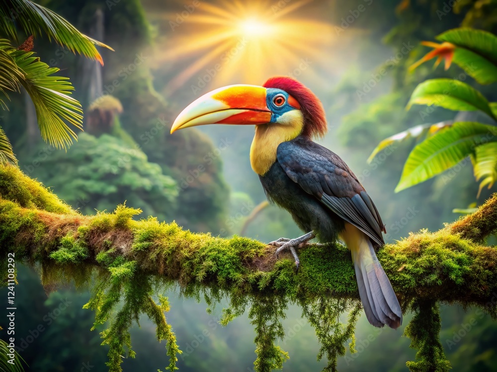 Obraz premium Knobbed Hornbill in Lush Rainforest Landscape - Stunning Wildlife Photography