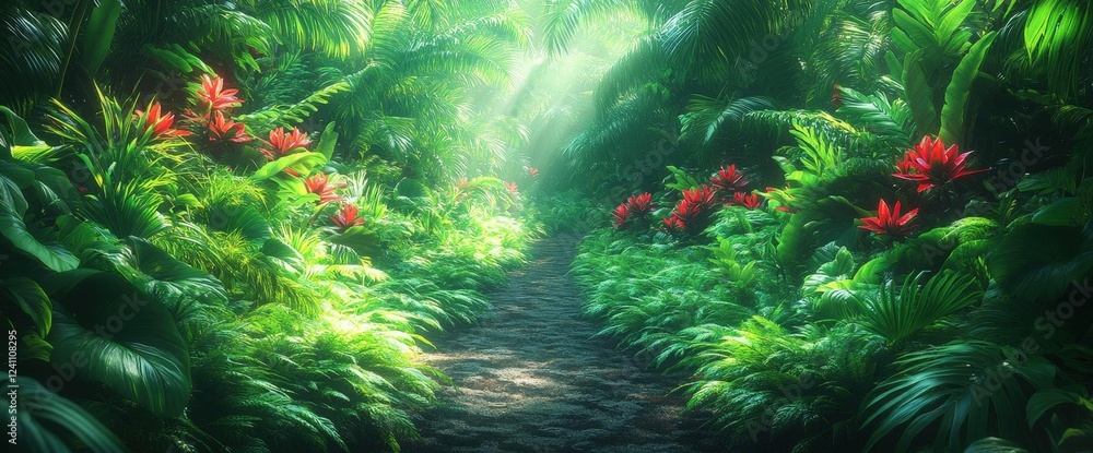 Obraz premium Sunlit Jungle Path with Lush Green Foliage and Red Flowers
