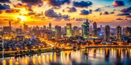 Lagos Skyline Night Bokeh - Vibrant Cityscape at Dusk