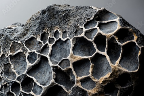 Intricate honeycomb-like pattern etched into a dark, textured rock surface. photo