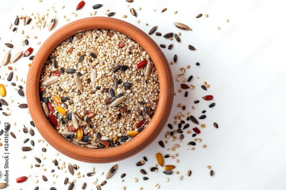 Mixed seeds millet, sunflower and oats pile for exotic birds in clay pot isolated on white background, top view Mixed seeds millet, sunflower and oats pile for exotic birds in clay pot isolated on white background, top view