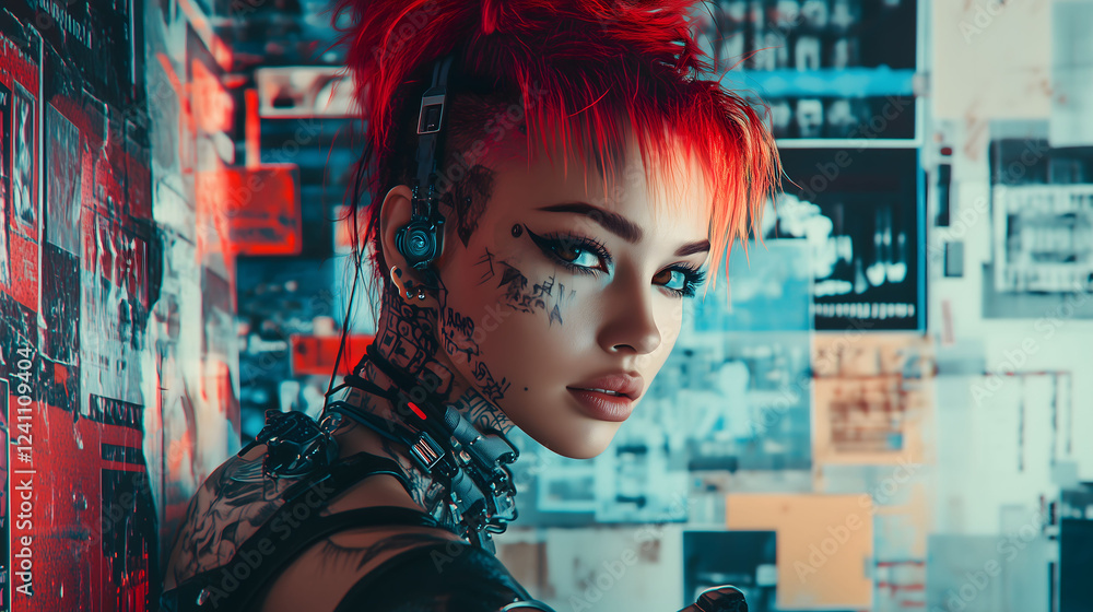 Striking Portrait of a Cyberpunk Individual With Vibrant Red Hair in a Futuristic Urban Environment. Generative AI Striking Portrait of a Cyberpunk Individual With Vibrant Red Hair in a Futuristic Urban Environment. Generative AI