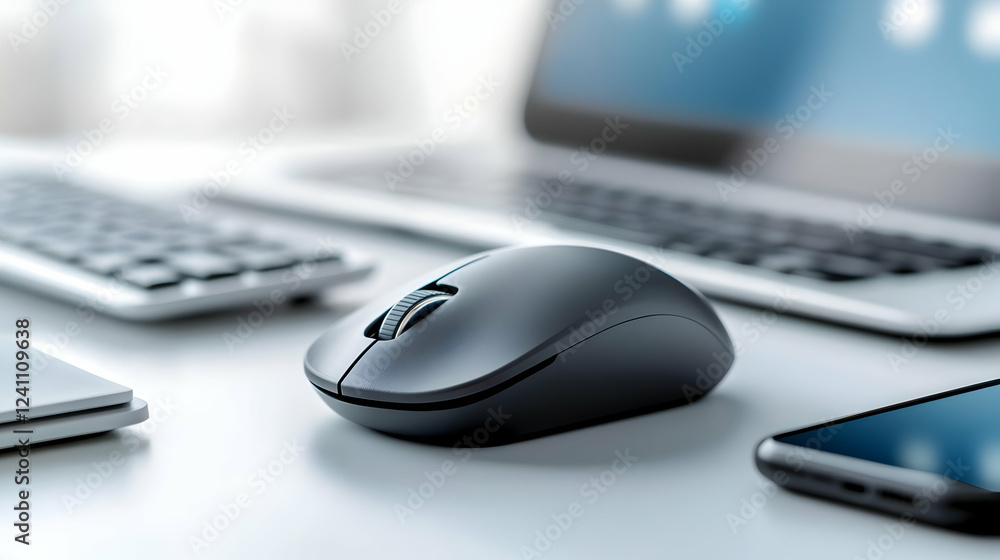 A sleek black wireless mouse on a modern workspace with a laptop, keyboard, and smartphone in the background. A sleek black wireless mouse on a modern workspace with a laptop, keyboard, and smartphone in the background.