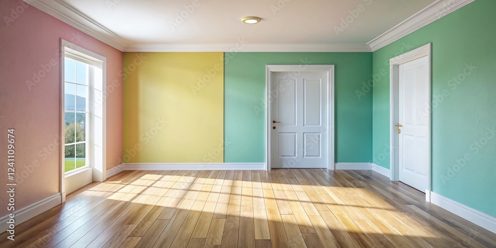 Light and airy empty room after renovation, closed door, copy space left Light and airy empty room after renovation, closed door, copy space left