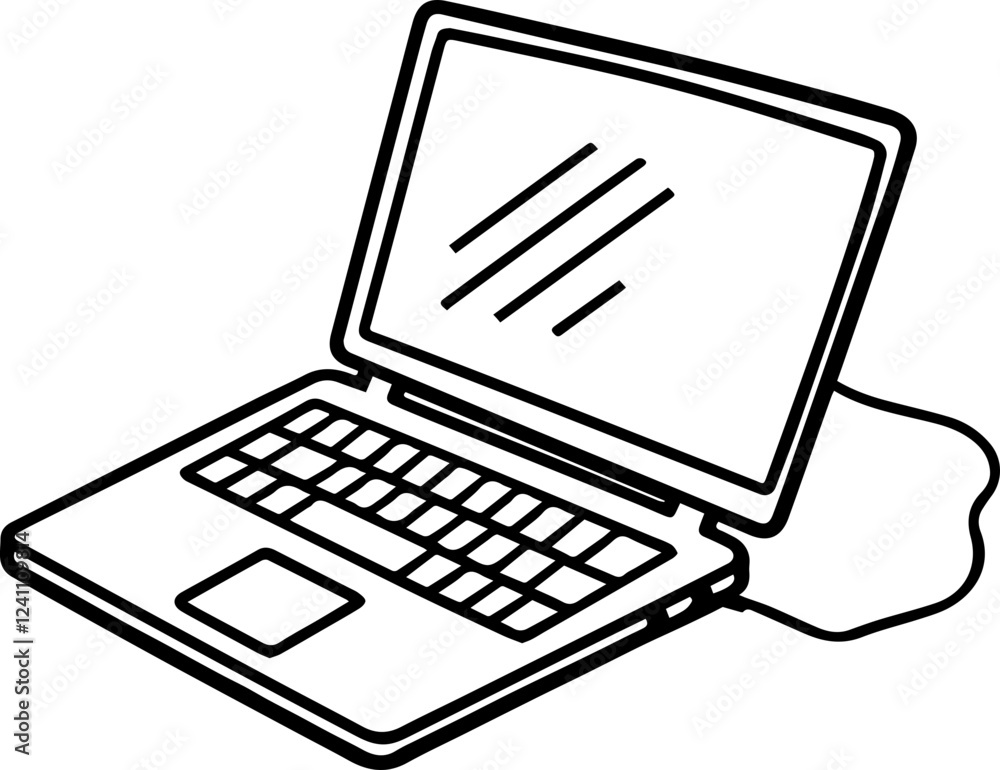 Black and white illustration of laptop, computer, notebook in hand drawn style Black and white illustration of laptop, computer, notebook in hand drawn style