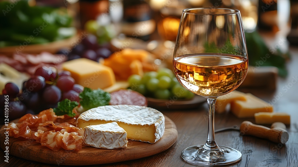 High-end wine tasting setup, crystal glasses, fine cheeses, sophisticated atmosphere, warm wood textures, copy space High-end wine tasting setup, crystal glasses, fine cheeses, sophisticated atmosphere, warm wood textures, copy space