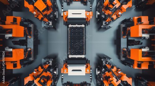 Aerial view of robotic assembly line for electric car batteries, showcasing advanced technology and automation manufacturing. vibrant orange and black machinery highlights efficiency and precision