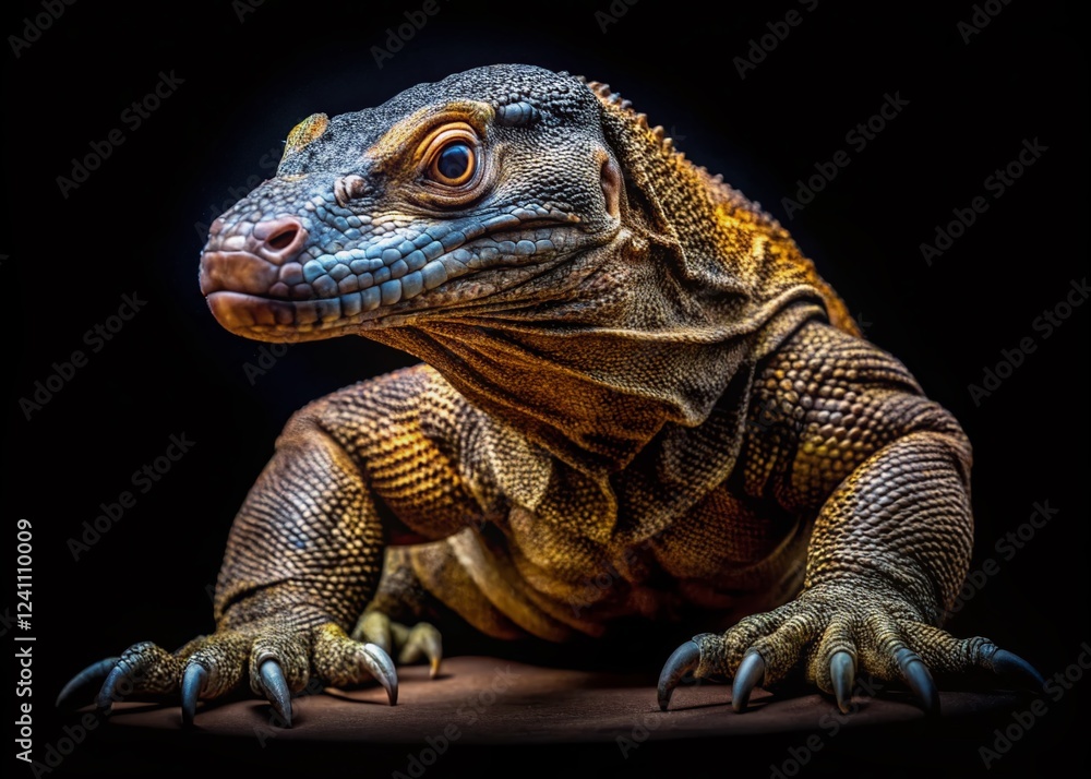 Obraz premium Komodo Dragon Stealth Hunt: Prehistoric Lizard in Low Light - Dangerous Predator