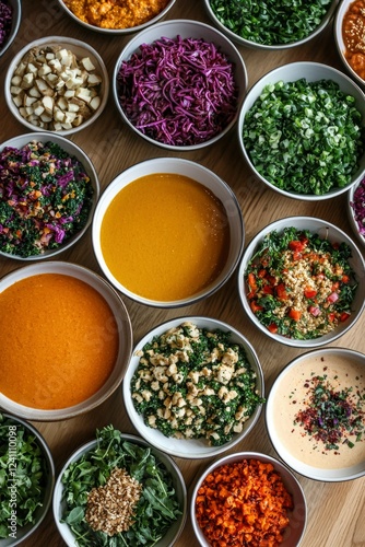 Colorful Bowls Of Various Salads And Soups photo