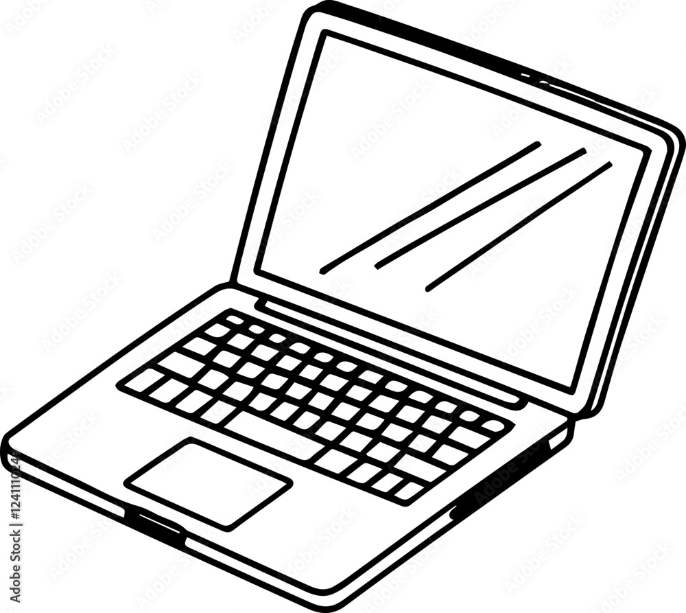 Black and white illustration of laptop, computer, notebook in hand drawn style Black and white illustration of laptop, computer, notebook in hand drawn style