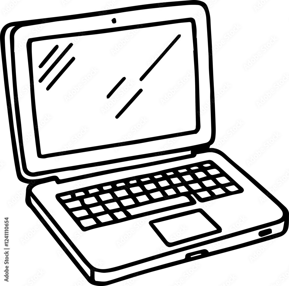 Black and white illustration of laptop, computer, notebook in hand drawn style Black and white illustration of laptop, computer, notebook in hand drawn style