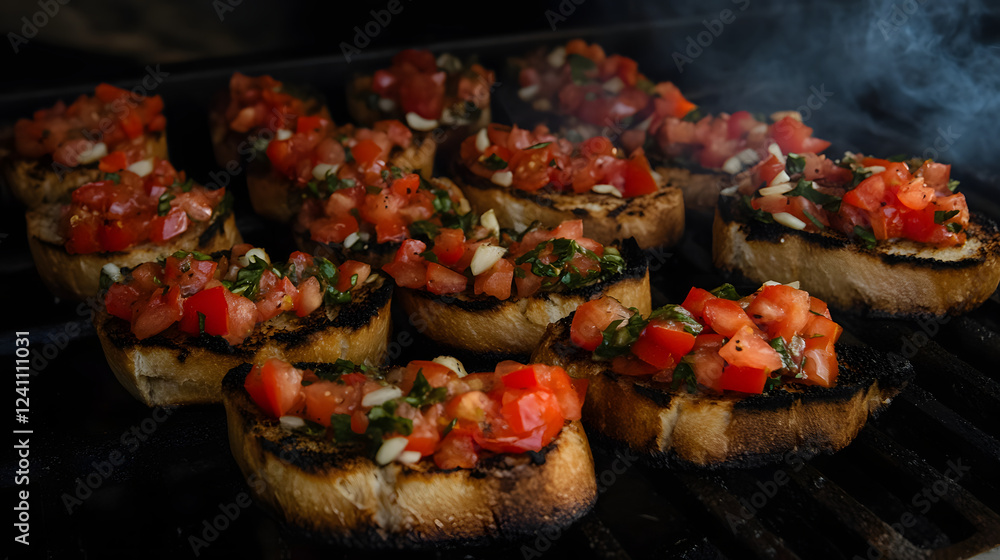 A savory garlic and tomato bruschetta served on toasted baguette slices. A savory garlic and tomato bruschetta served on toasted baguette slices.