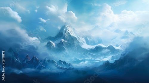 Wallpaper Mural High View of Icy Mountain in the Clouds with Snow and Rock Formation on Top, in Cold Blue Sky Torontodigital.ca