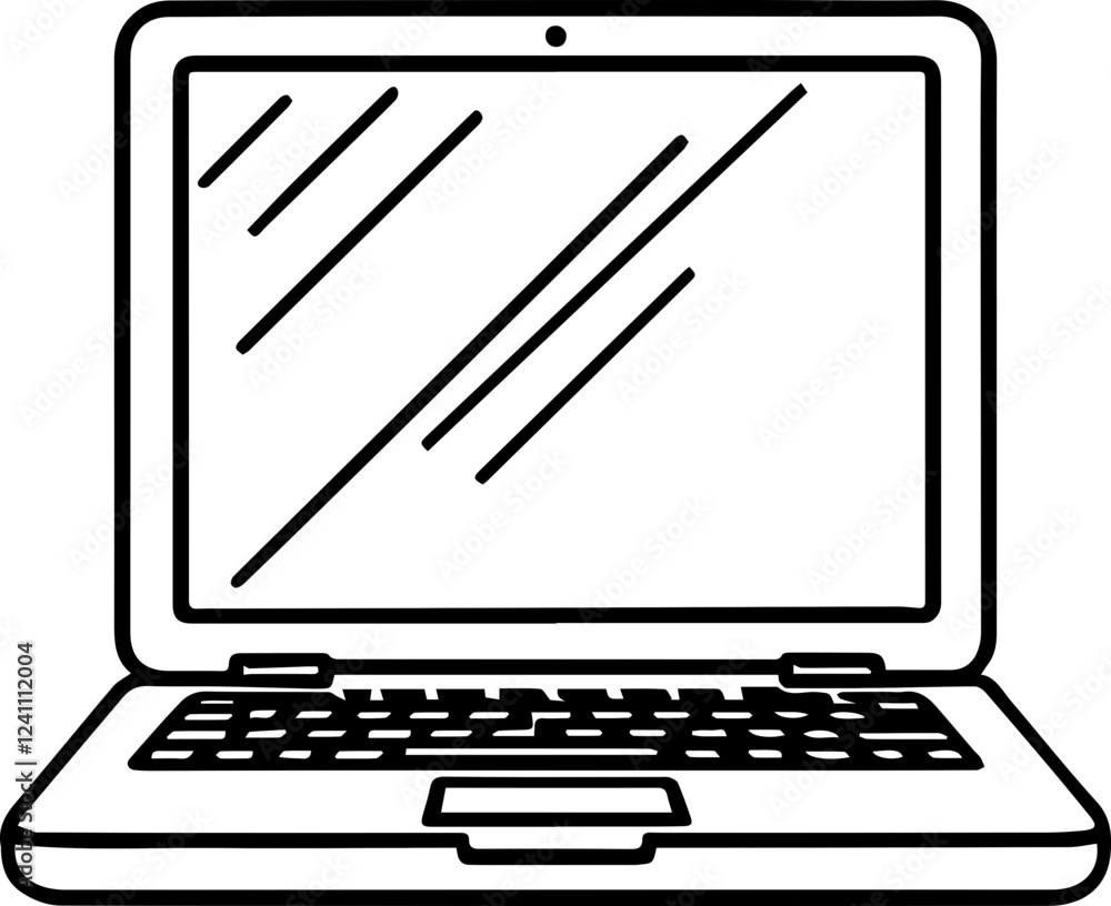 Black and white illustration of laptop, computer, notebook in hand drawn style Black and white illustration of laptop, computer, notebook in hand drawn style