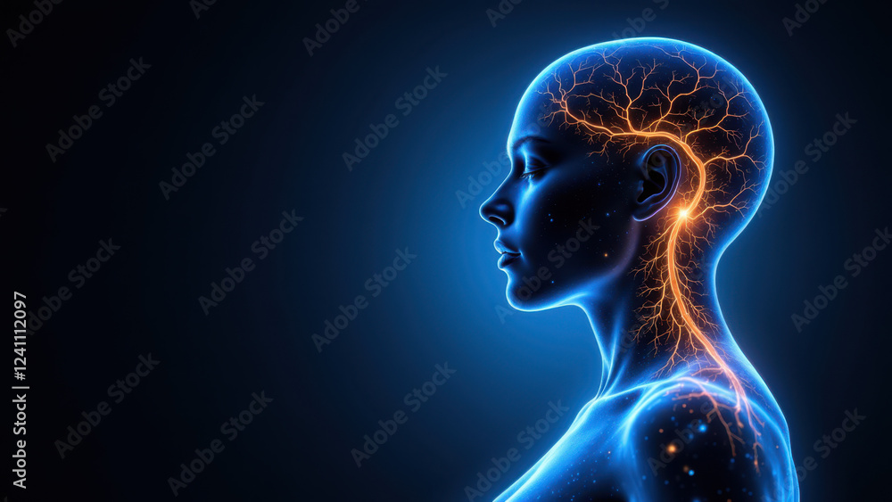 Image shows a human head with an illuminated brain and highlighted internal nerves, including the vagus nerve, set against a starry backdrop. This represents vns, or Vagus Nerve Stimulation. Image shows a human head with an illuminated brain and highlighted internal nerves, including the vagus nerve, set against a starry backdrop. This represents vns, or Vagus Nerve Stimulation.