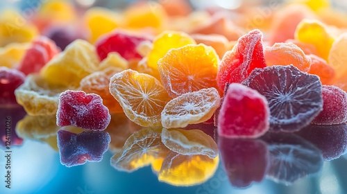 Colorful Freeze-Dried Fruit on a Reflective Surface.