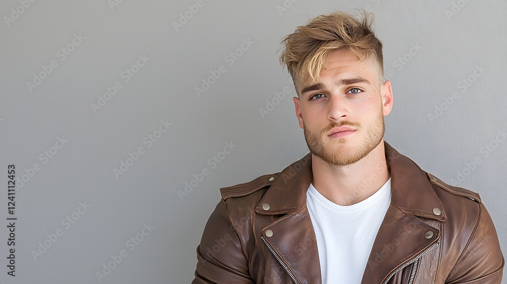 Compelling portrait of a confident and chiseled male fashion model wearing a brown leather jacket layered over a casual white t shirt set against a gray background with a high end editorial aesthetic